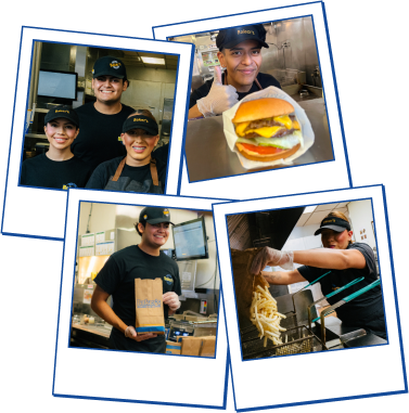 four images of bakers employees. image 1 is 2 ladies and a man smiling in black bakers uniforms, image 2 is a man with thumbs up Infront of a burger, image 3 is a man holding a bag and image 4 is a lady pouring fries into a machine