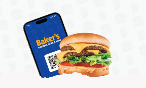 A mobile phone with a QR code on a blue background with a double cheese burger